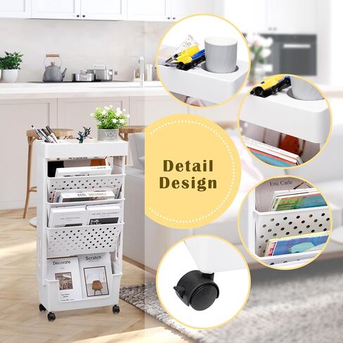 AGTEK 5 Tier Trolley عربة كتب متدحرجة؟ رف كتب متنقل، برج منظم تخزين منزلق، وحدة رفوف متنقلة ضيقة، أرفف كتب منظمة للمكتب، النوم، الفصول الدراسية، الحضانة، وردي in Kuwait