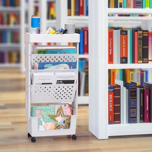 AGTEK 5 Tier Trolley عربة كتب متدحرجة؟ رف كتب متنقل، برج منظم تخزين منزلق، وحدة رفوف متنقلة ضيقة، أرفف كتب منظمة للمكتب، النوم، الفصول الدراسية، الحضانة، وردي in Kuwait
