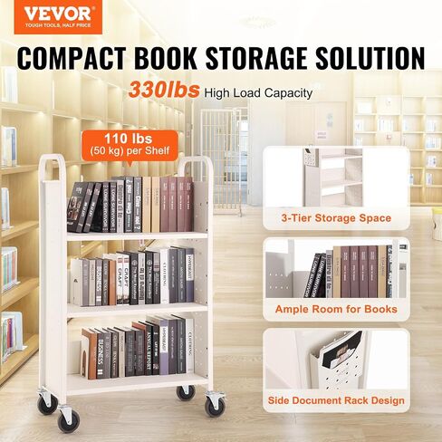 VEVOR Book Cart, 330 lbs Library Cart, 31.1" x 15.2" x 49.2" Rolling Book Cart, Single Sided L-Shaped Flat Shelves with 4-Inch Lockable Wheels for Home Shelves Office and School, Book Truck in White in Saudi Arabia