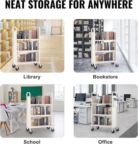 VEVOR Book Cart, 330 lbs Library Cart, 31.1" x 15.2" x 49.2" Rolling Book Cart, Single Sided L-Shaped Flat Shelves with 4-Inch Lockable Wheels for Home Shelves Office and School, Book Truck in White in Saudi Arabia