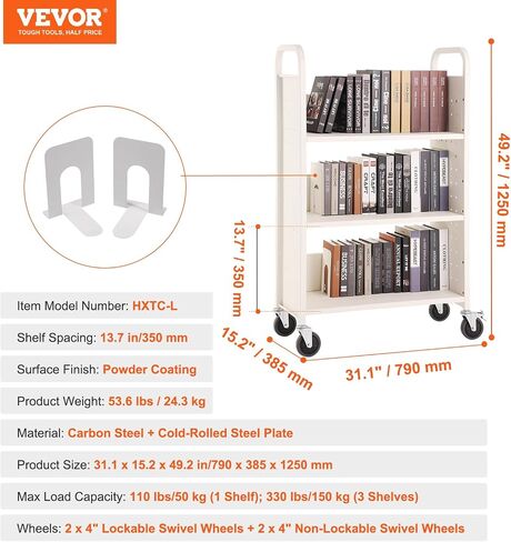 VEVOR Book Cart, 330 lbs Library Cart, 31.1" x 15.2" x 49.2" Rolling Book Cart, Single Sided L-Shaped Flat Shelves with 4-Inch Lockable Wheels for Home Shelves Office and School, Book Truck in White in Saudi Arabia