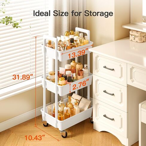 منظم عربة دوارة من 3 طبقات من بيبيشيل، عربة دوارة بلاستيكية بعجلات قابلة للقفل ومقبض معزز، عربة تخزين خفيفة الوزن لعربة المرافق للحضانة والمطبخ والحمام وغرفة الحرف اليدوية، أبيض، PIUC14W in Kuwait