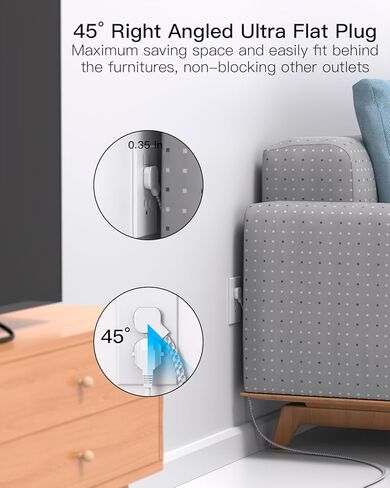 Surge Protector Power Strip 10 ft with 4 USB Ports 2 USB-C 6 AC Outlets, Flat Plug Extension Cord, USB Charging Station, Wall Mountable for Home, Office, Dorm Essentials, 1080J, ETL Listed in Kuwait