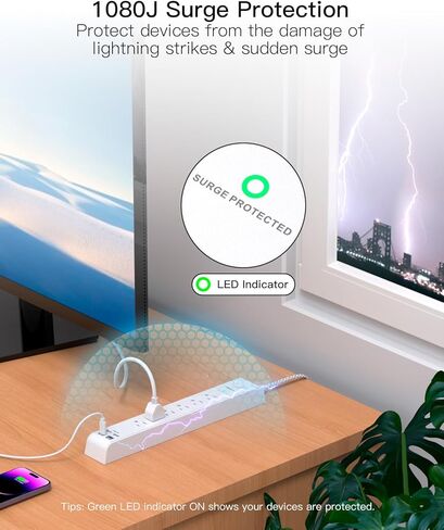 Surge Protector Power Strip 10 ft with 4 USB Ports 2 USB-C 6 AC Outlets, Flat Plug Extension Cord, USB Charging Station, Wall Mountable for Home, Office, Dorm Essentials, 1080J, ETL Listed in Kuwait