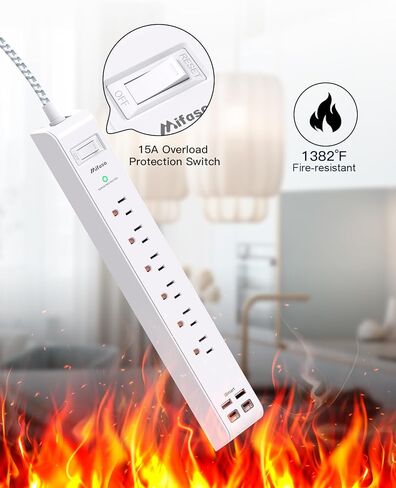Surge Protector Power Strip 10 ft with 4 USB Ports 2 USB-C 6 AC Outlets, Flat Plug Extension Cord, USB Charging Station, Wall Mountable for Home, Office, Dorm Essentials, 1080J, ETL Listed in Kuwait
