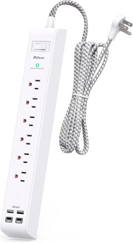 Surge Protector Power Strip 10 ft with 4 USB Ports 2 USB-C 6 AC Outlets, Flat Plug Extension Cord, USB Charging Station, Wall Mountable for Home, Office, Dorm Essentials, 1080J, ETL Listed in Kuwait