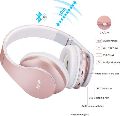 سماعات رأس البلوتوث Zihnic الزائدة عن الأذن ، سماعة استريو سلكية قابلة للطي وسلكية Micro SD/TF ، FM للهواتف المحمولة ، الكمبيوتر الشخصي ، خزانات الأذن الناعمة والوزن الخفيف للارتداء المطول (الذهب الوردي) in Kuwait
