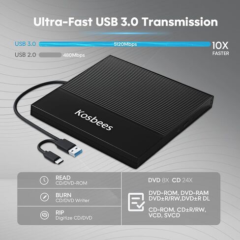 External CD/DVD Drive for Laptop,CD Burner for PC,Ultra-Slim DVD Player for Laptop,USB 3.0 Type C Portable CD Player +/-RW CD ROM Reader Writer Disk for Desktop Windows 11/10/8/7 Mac in Saudi Arabia
