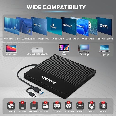 External CD/DVD Drive for Laptop,CD Burner for PC,Ultra-Slim DVD Player for Laptop,USB 3.0 Type C Portable CD Player +/-RW CD ROM Reader Writer Disk for Desktop Windows 11/10/8/7 Mac in Saudi Arabia