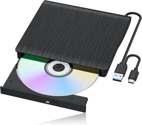 External CD/DVD Drive for Laptop, USB 3.0 & Type-C CD Burner, Portable DVD Player, Slim External Optical Drive Plug and Play, CD/DVD RW, Compatible with PC, Mac, Linux (2 in 1 Black) in Kuwait