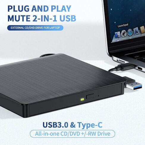 External CD/DVD Drive for Laptop, USB 3.0 & Type-C CD Burner, Portable DVD Player, Slim External Optical Drive Plug and Play, CD/DVD RW, Compatible with PC, Mac, Linux (2 in 1 Black) in Kuwait