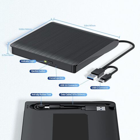 External CD/DVD Drive for Laptop, USB 3.0 & Type-C CD Burner, Portable DVD Player, Slim External Optical Drive Plug and Play, CD/DVD RW, Compatible with PC, Mac, Linux (2 in 1 Black) in Kuwait
