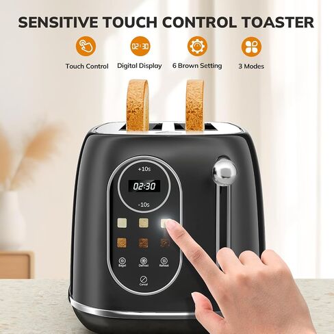 Keenstone Smart Touch Screen Toaster 2 Slice, Retro Wide Slot Stainless Steel Toaster with 6 Browning Levels, Reheat & Defrost, for Bagel, Toast, Bread, Removable Crumb Tray, Black in Kuwait