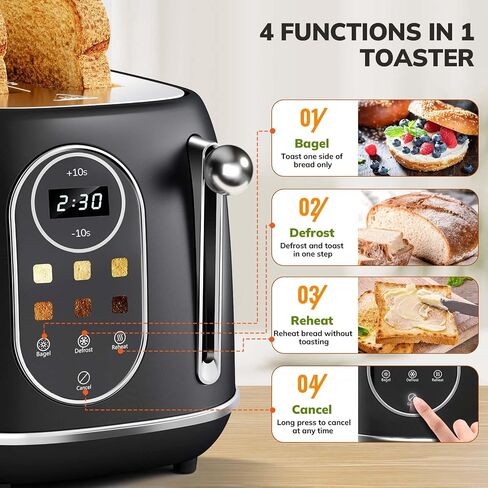 Keenstone Smart Touch Screen Toaster 2 Slice, Retro Wide Slot Stainless Steel Toaster with 6 Browning Levels, Reheat & Defrost, for Bagel, Toast, Bread, Removable Crumb Tray, Black in Kuwait