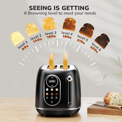 Keenstone Smart Touch Screen Toaster 2 Slice, Retro Wide Slot Stainless Steel Toaster with 6 Browning Levels, Reheat & Defrost, for Bagel, Toast, Bread, Removable Crumb Tray, Black in Kuwait