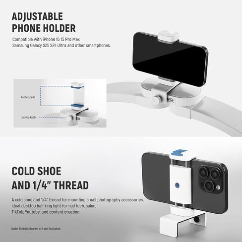 Neewer Basics 22 "Half Moon Lash Light مع مصباح مفصل للمكتبي Clamp Clamp Mount/حامل الهاتف ، 32W قابلة للطي LED Tech Table Lamp for Makeup Beauty Tattoo Overhead Video. in Kuwait