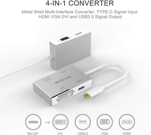 USB C to HDMI DVI VGA USB3.0 Adapter,USB 3.1 Type-C 4in1 Hub to HDMI DVI 4K VGA USB Adaptor Converter (Thunderbolt 3 Compatible), USB-C Adapter for MacBook/MacBook Pro air/Surface pro in Saudi Arabia