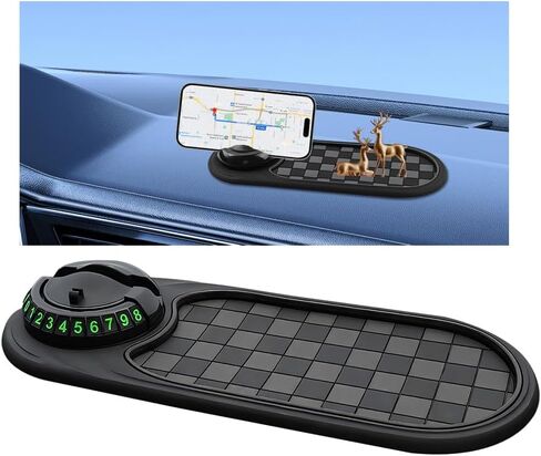 وسادة مضادة للانزلاق متعددة الوظائف ، 3 في 1 حصيرة لوحة مركبة غير قابلة للدوران مع حامل للهاتف ورقم وقوف السيارات المؤقت ، وسادة تخزين اندفاعة للأداة الرئيسية ، ملائمة عالمية (رمادي/أسود) in Kuwait
