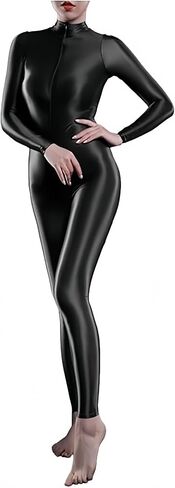 Woman's Sheer Shiny Bodystocking yoga Lingerie High Neck Long Sleeve Zipper Crotch Bodysuit Catsuit in Kuwait