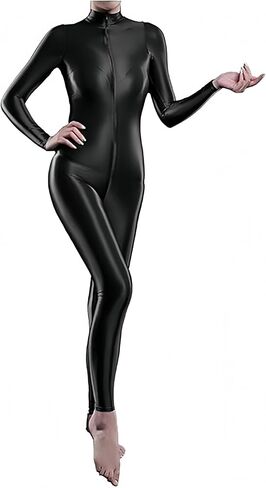 Woman's Sheer Shiny Bodystocking yoga Lingerie High Neck Long Sleeve Zipper Crotch Bodysuit Catsuit in Kuwait