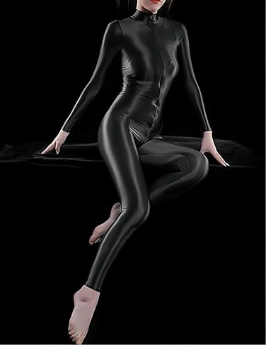 Woman's Sheer Shiny Bodystocking yoga Lingerie High Neck Long Sleeve Zipper Crotch Bodysuit Catsuit in Kuwait