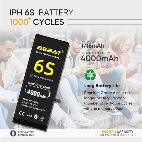 Replacement for iPhone 6S Battery, 4000mAh High Capacity Li-ion Polymer Replacement Battery for Model A1633 A1688 A1700 with Complete Professional Repair Tool in Kuwait