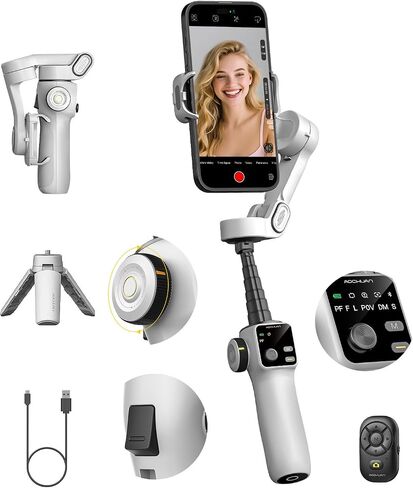 AOCHUAN Gimbal Stabilizer for iPhone w/Bluetooth Remote, 3-axis Phone Stabilizer w/7.8" Extension Rod, AI Face Tracking Smartphone Gimbal, Gesture Control for Video Shooting - Smart V8 Kit Black in Saudi Arabia
