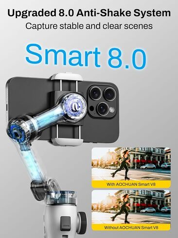 AOCHUAN Gimbal Stabilizer for iPhone w/Bluetooth Remote, 3-axis Phone Stabilizer w/7.8" Extension Rod, AI Face Tracking Smartphone Gimbal, Gesture Control for Video Shooting - Smart V8 Kit Black in Saudi Arabia