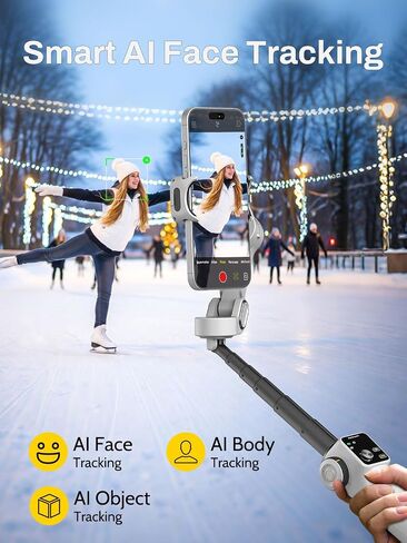 AOCHUAN Gimbal Stabilizer for iPhone w/Bluetooth Remote, 3-axis Phone Stabilizer w/7.8" Extension Rod, AI Face Tracking Smartphone Gimbal, Gesture Control for Video Shooting - Smart V8 Kit Black in Saudi Arabia