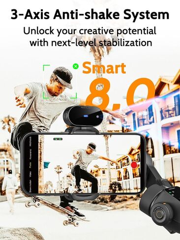 مثبت AOCHUAN Gimbal لجهاز iPhone مع قضيب تمديد وتتبع الوجه (SmartV8) | حامل هاتف iPhone مع قضيب تمديد مدمج بطول 7.8 قدم، شاشة OLED كاملة الشاشة، مثالي لتسجيل Tiktok (أسود) in Kuwait