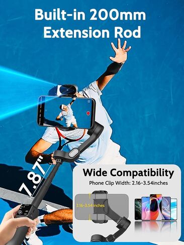 مثبت AOCHUAN Gimbal لجهاز iPhone مع قضيب تمديد وتتبع الوجه (SmartV8) | حامل هاتف iPhone مع قضيب تمديد مدمج بطول 7.8 قدم، شاشة OLED كاملة الشاشة، مثالي لتسجيل Tiktok (أسود) in Kuwait