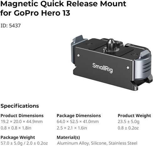 SmallRig Magnetic Quick Release Mount for GoPro Hero 13, Aluminum Adapter with 1/4"-20 Screw and Dual-Claws Interface, Base Compatible with Neck Mounts, Selfie Sticks, Magic Arms - 5437 in Saudi Arabia