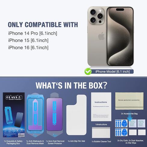 2-Pack Anti Blue Light Matte Screen Protector for iPhone 14 Pro/iPhone 15 / iPhone 16, 9H Tempered Glass, Full Coverage, Anti-Fingerprint, Auto Dust-Elimination, No Bubble, Easy Installation in Saudi Arabia