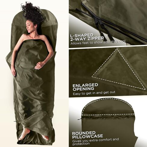 Ultralight Sleeping Bag Liner - 5.3 oz Washable Adult Sleep Sack & Travel Sheets, Self Tan Sleep Sack with Two-Way-Zipper, for Backpacking, Hotel, Camping, Travel in Kuwait