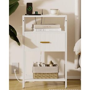 White Nightstand with Charging Station, Fluted Side Table with Drawer, Modern Bedside Table with Open Shelves for Living Room, Bedroom in Saudi Arabia