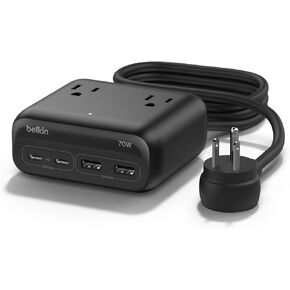 Belkin 3 -Otlet Gan Charging Station 70W ، Dual USB C Charger w/ 3x AC Outlets ، 2x USB A POTTRS - Power Strip for iPhone ، Apple Watch ، iPad ، MacBook ، Chromebook ، Samsung Galaxy ، Pixel 9 ، & More - Black - Black in Kuwait