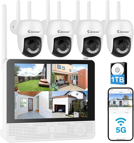 Jennov 5MP Wireless Security Camera System مع Monitor-8Ch NVR Kit مع 4 كاميرات تعمل بالطاقة ، 1 تيرابايت ، الرؤية الليلية ، الكشف عن الحركة ، IP66 ، بدون اشتراك ، مراقبة منزلية داخلية/خارجية in Kuwait