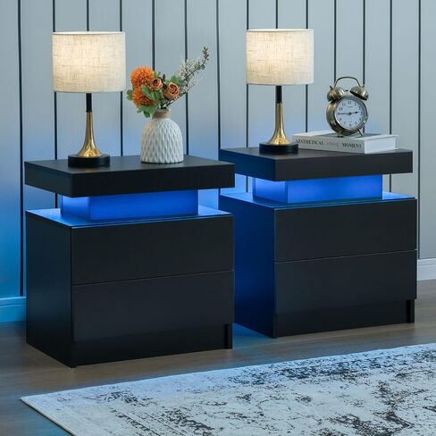 Grey Night Stand Set 2 Modern Bedside Tables with 2 Drawers Bedroom Night Stands Set of 2 LED Night Stand for Bedroom, Living Room in Saudi Arabia