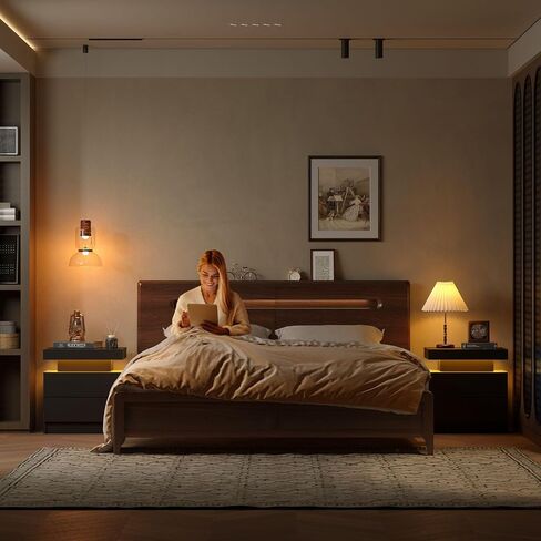 Grey Night Stand Set 2 Modern Bedside Tables with 2 Drawers Bedroom Night Stands Set of 2 LED Night Stand for Bedroom, Living Room in Saudi Arabia