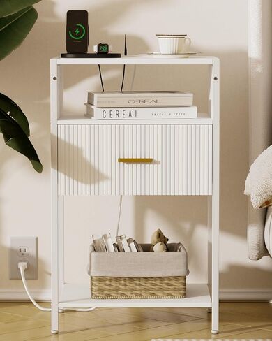 White Nightstand with Charging Station, Fluted Side Table with Drawer, Modern Bedside Table with Open Shelves for Living Room, Bedroom in Saudi Arabia