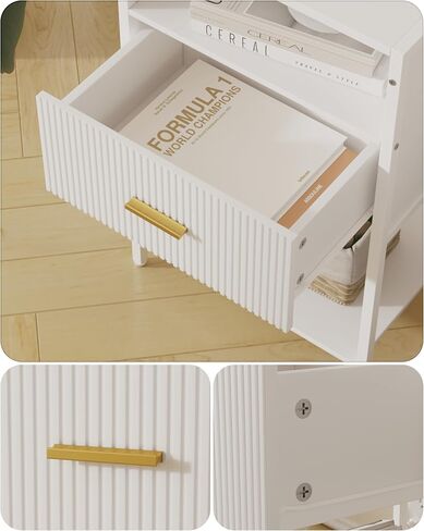 White Nightstand with Charging Station, Fluted Side Table with Drawer, Modern Bedside Table with Open Shelves for Living Room, Bedroom in Saudi Arabia
