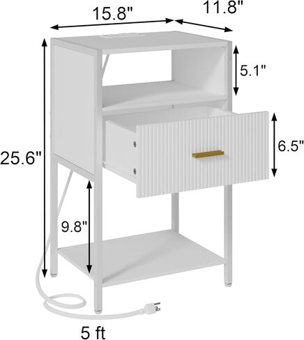 White Nightstand with Charging Station, Fluted Side Table with Drawer, Modern Bedside Table with Open Shelves for Living Room, Bedroom in Saudi Arabia