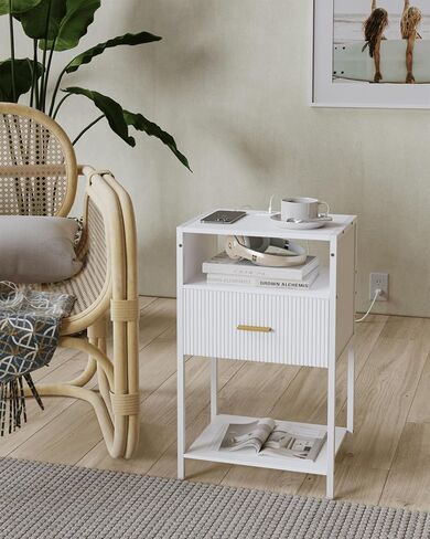 White Nightstand with Charging Station, Fluted Side Table with Drawer, Modern Bedside Table with Open Shelves for Living Room, Bedroom in Saudi Arabia