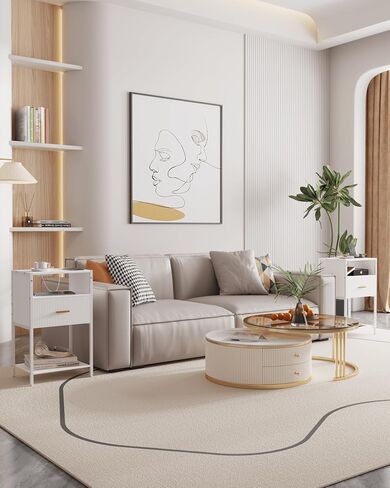 White Nightstand with Charging Station, Fluted Side Table with Drawer, Modern Bedside Table with Open Shelves for Living Room, Bedroom in Saudi Arabia