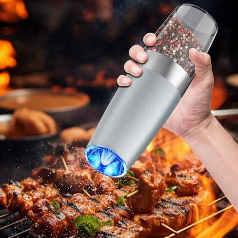 Electric Pepper or Salt Grinder, Auto Mill Grinder Shaker with Adjustable Coarseness, Automatic Salt Shaker LED Light, Battery Powered, Stainless Steel, One Hand Operated, Light Grey in Saudi Arabia