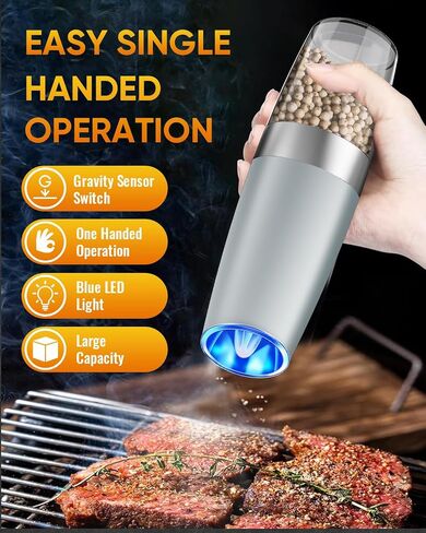 Electric Pepper or Salt Grinder, Auto Mill Grinder Shaker with Adjustable Coarseness, Automatic Salt Shaker LED Light, Battery Powered, Stainless Steel, One Hand Operated, Light Grey in Saudi Arabia