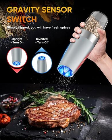Electric Pepper or Salt Grinder, Auto Mill Grinder Shaker with Adjustable Coarseness, Automatic Salt Shaker LED Light, Battery Powered, Stainless Steel, One Hand Operated, Light Grey in Saudi Arabia