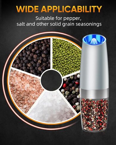 Electric Pepper or Salt Grinder, Auto Mill Grinder Shaker with Adjustable Coarseness, Automatic Salt Shaker LED Light, Battery Powered, Stainless Steel, One Hand Operated, Light Grey in Saudi Arabia