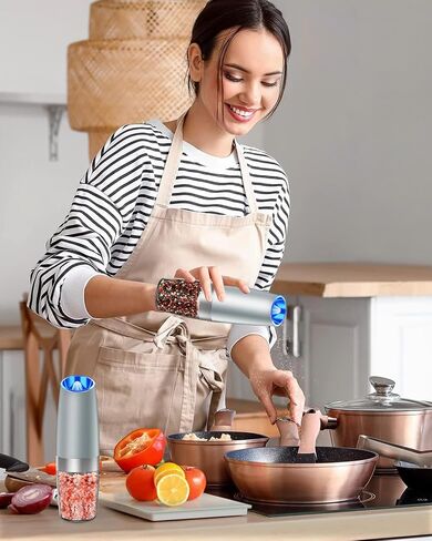 Electric Pepper or Salt Grinder, Auto Mill Grinder Shaker with Adjustable Coarseness, Automatic Salt Shaker LED Light, Battery Powered, Stainless Steel, One Hand Operated, Light Grey in Saudi Arabia