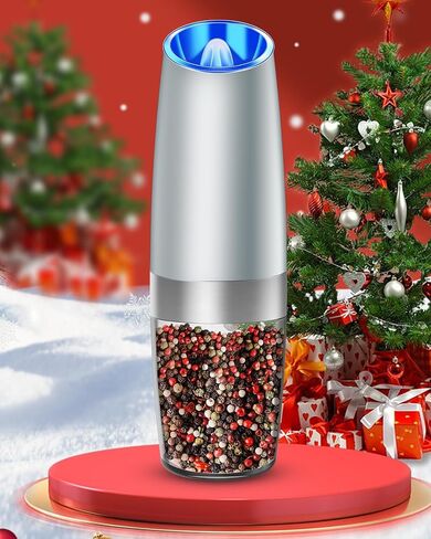 Electric Pepper or Salt Grinder, Auto Mill Grinder Shaker with Adjustable Coarseness, Automatic Salt Shaker LED Light, Battery Powered, Stainless Steel, One Hand Operated, Light Grey in Saudi Arabia